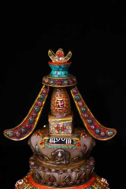 8"Tibetan Temple Collection Old Crystal Mosaic Gem gZi Beads Turquoise Sakyamuni Buddha Pagoda Worship Hall Town house