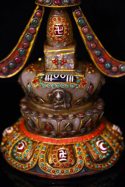 8"Tibetan Temple Collection Old Crystal Mosaic Gem gZi Beads Turquoise Sakyamuni Buddha Pagoda Worship Hall Town house