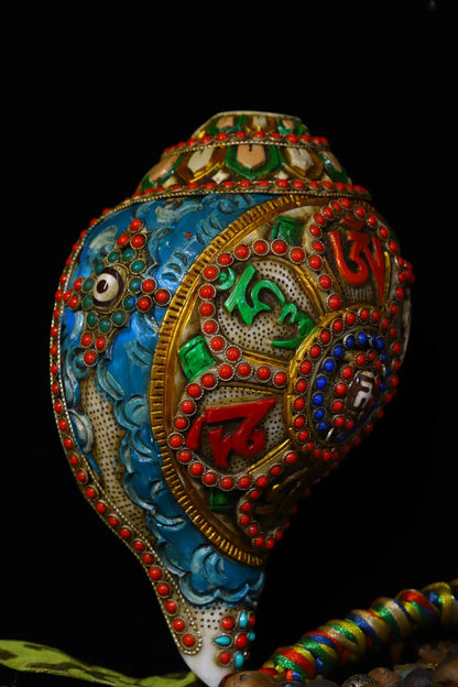 8"Tibetan Temple Collection Old Natural Conch painted Mosaic Gem Six Character Proverbs Conch Amulet Worship Hall Town house