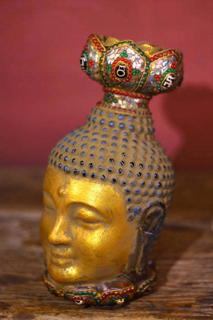8"Tibetan Temple Collection Old Natural Crystal Mosaic Gem gZi Beads Shell Fragrant Grey Buddha Head Worship Hall Town house