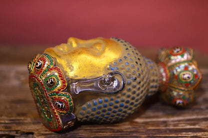 8"Tibetan Temple Collection Old Natural Crystal Mosaic Gem gZi Beads Shell Fragrant Grey Buddha Head Worship Hall Town house