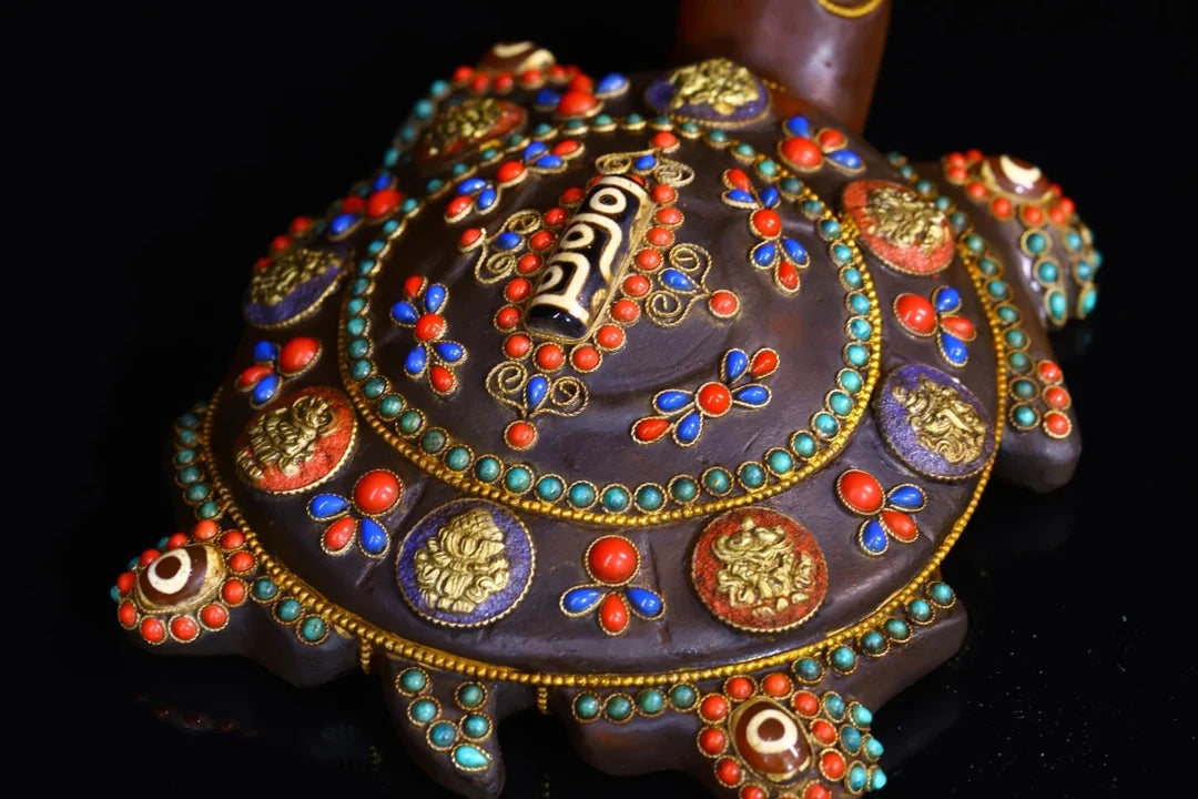 8"Tibetan Temple Collection Old Natural Crystal Tibetan silver Gilt Mosaic Gem Turtle Lucky Turtle pendant Amulet Town house