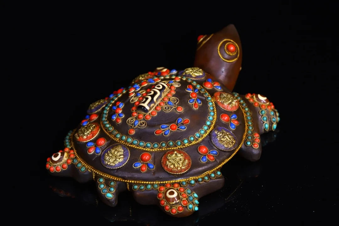 8"Tibetan Temple Collection Old Natural Crystal Tibetan silver Gilt Mosaic Gem Turtle Lucky Turtle pendant Amulet Town house