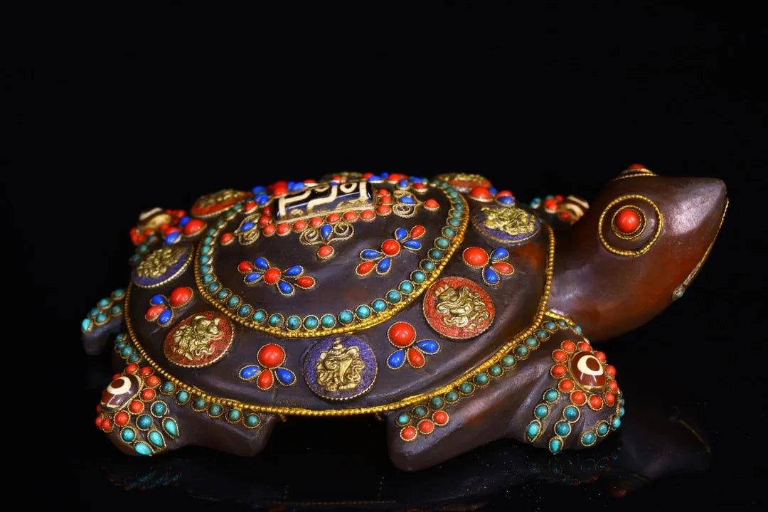 8"Tibetan Temple Collection Old Natural Crystal Tibetan silver Gilt Mosaic Gem Turtle Lucky Turtle pendant Amulet Town house