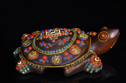 8"Tibetan Temple Collection Old Natural Crystal Tibetan silver Gilt Mosaic Gem Turtle Lucky Turtle pendant Amulet Town house