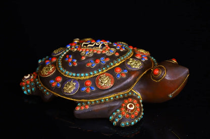 8"Tibetan Temple Collection Old Natural Crystal Tibetan silver Gilt Mosaic Gem Turtle Lucky Turtle pendant Amulet Town house