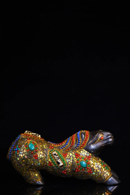 8"Tibetan Temple Collection Old Natural Meteorite Mosaic Gem gZi Beads Shell Zodiac Horse Statue Wealth horse  Immediate success