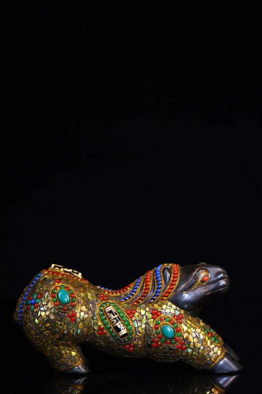 8"Tibetan Temple Collection Old Natural Meteorite Mosaic Gem gZi Beads Shell Zodiac Horse Statue Wealth horse  Immediate success