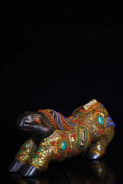 8"Tibetan Temple Collection Old Natural Meteorite Mosaic Gem gZi Beads Shell Zodiac Horse Statue Wealth horse  Immediate success