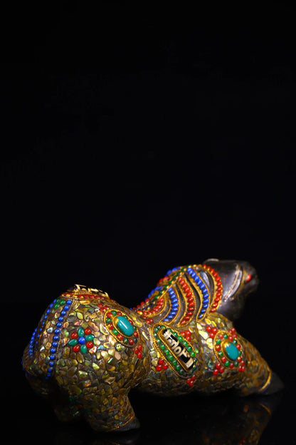 8"Tibetan Temple Collection Old Natural Meteorite Mosaic Gem gZi Beads Shell Zodiac Horse Statue Wealth horse  Immediate success