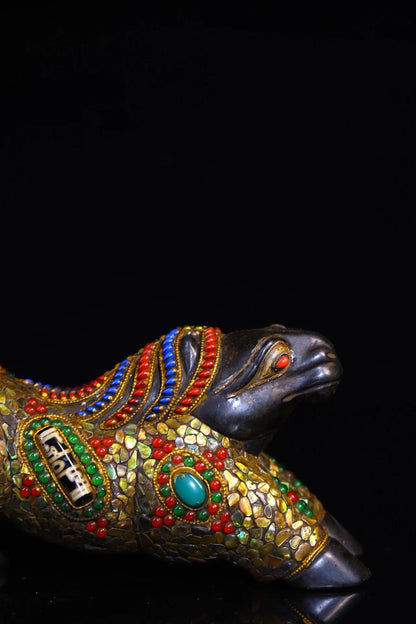8"Tibetan Temple Collection Old Natural Meteorite Mosaic Gem gZi Beads Shell Zodiac Horse Statue Wealth horse  Immediate success