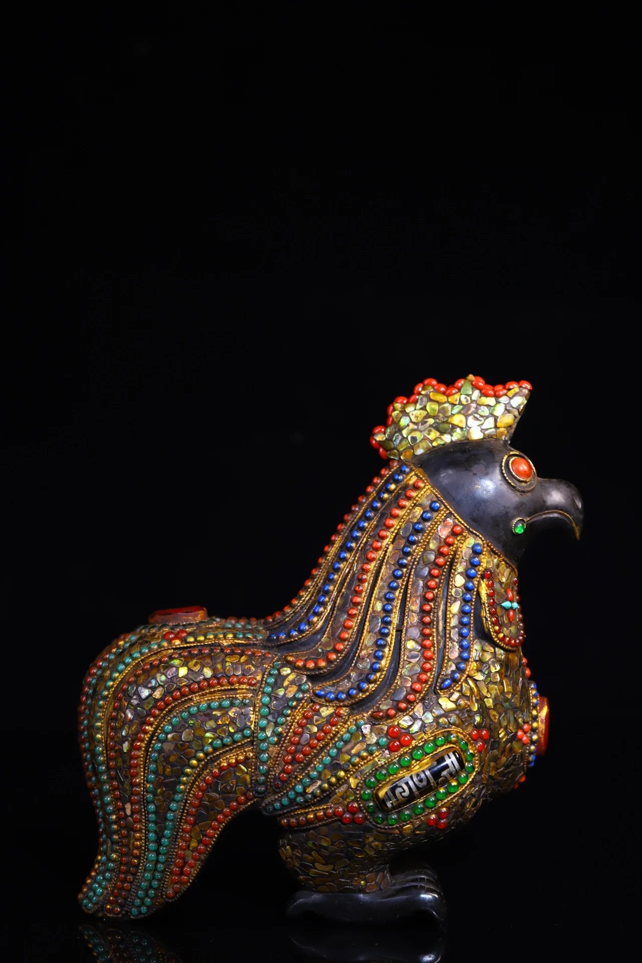 8"Tibetan Temple Collection Old Natural Meteorite Mosaic Gem gZi Beads Shell Zodiac Rooster Statue Ornaments Town house