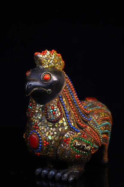 8"Tibetan Temple Collection Old Natural Meteorite Mosaic Gem gZi Beads Shell Zodiac Rooster Statue Ornaments Town house