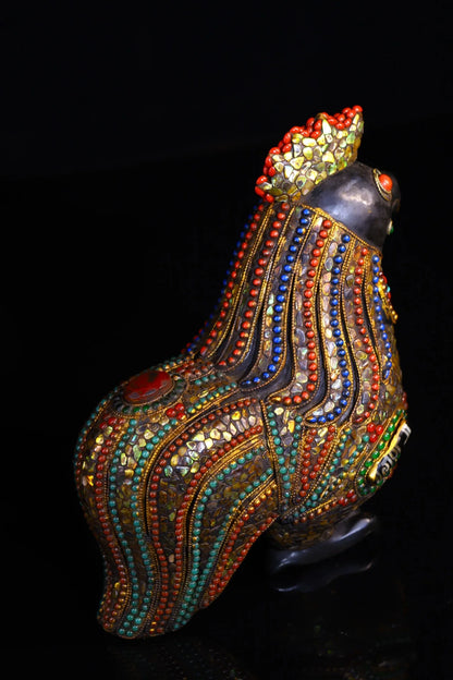8"Tibetan Temple Collection Old Natural Meteorite Mosaic Gem gZi Beads Shell Zodiac Rooster Statue Ornaments Town house