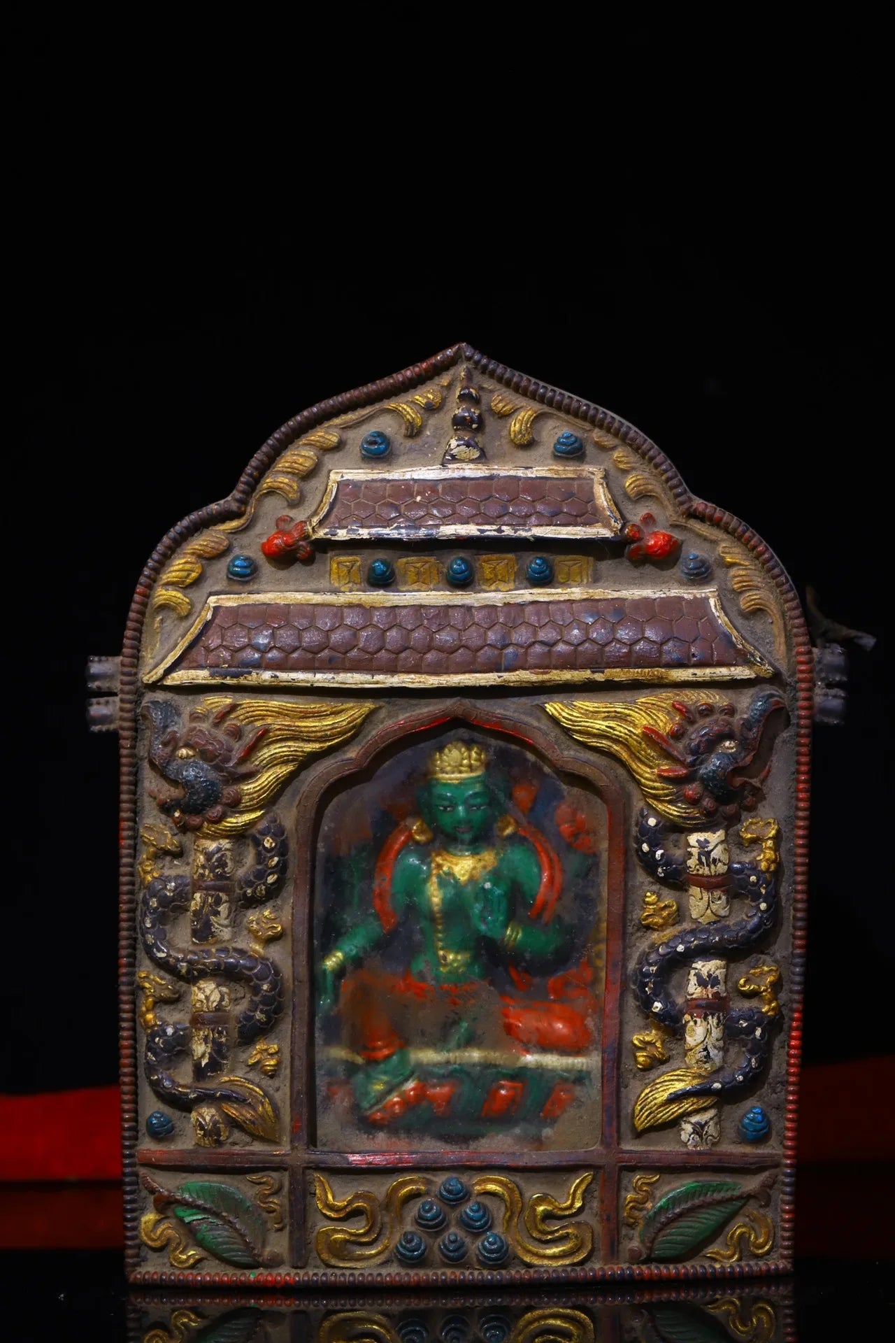 8"Tibetan Temple Collection Old Purple Bronze Cinnabar Painted Green Tara Buddha Gawu Box Buddhist Niche Amulet Worship Hall