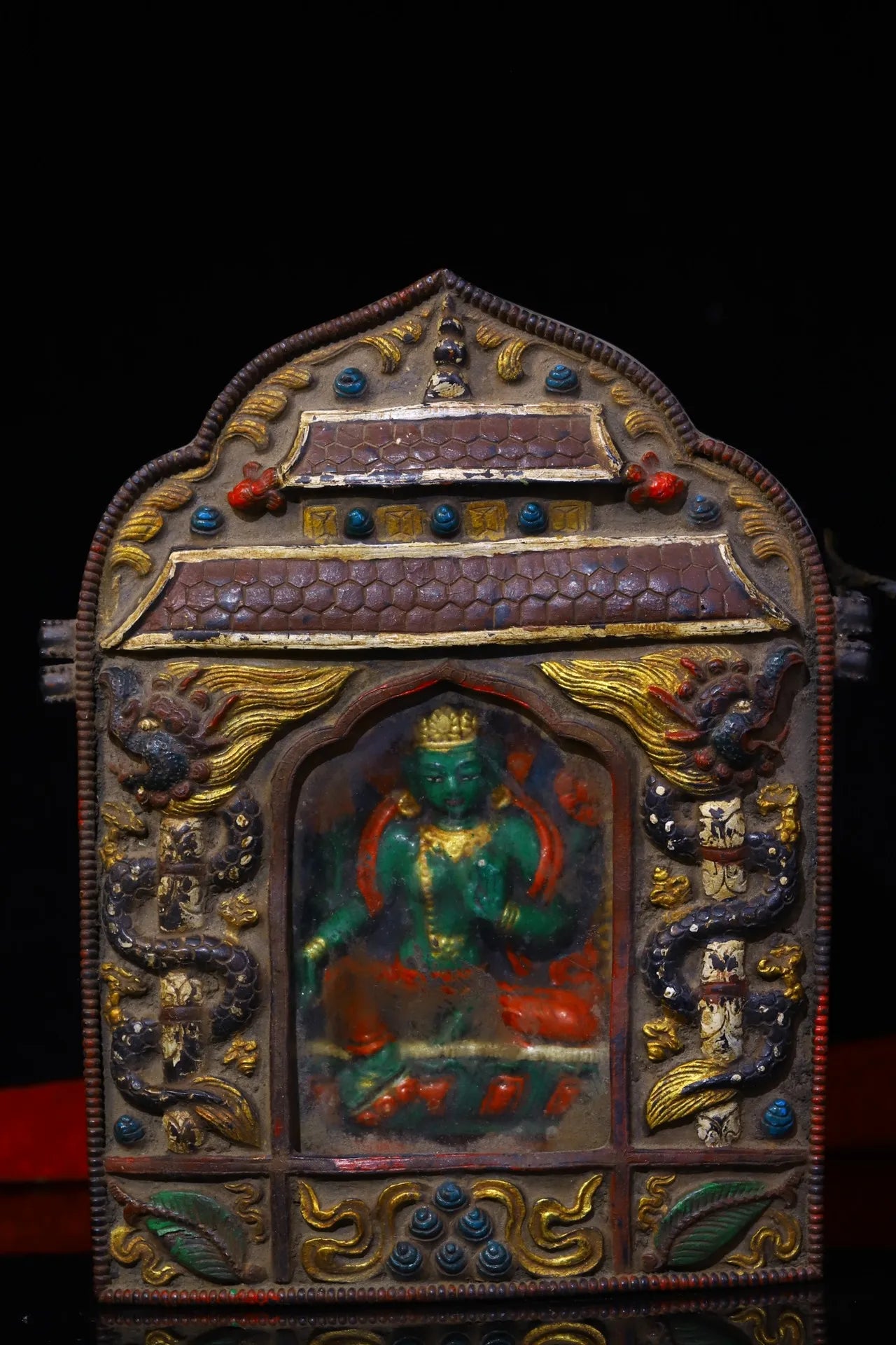 8"Tibetan Temple Collection Old Purple Bronze Cinnabar Painted Green Tara Buddha Gawu Box Buddhist Niche Amulet Worship Hall
