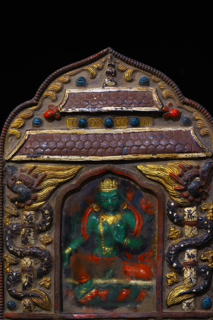 8"Tibetan Temple Collection Old Purple Bronze Cinnabar Painted Green Tara Buddha Gawu Box Buddhist Niche Amulet Worship Hall