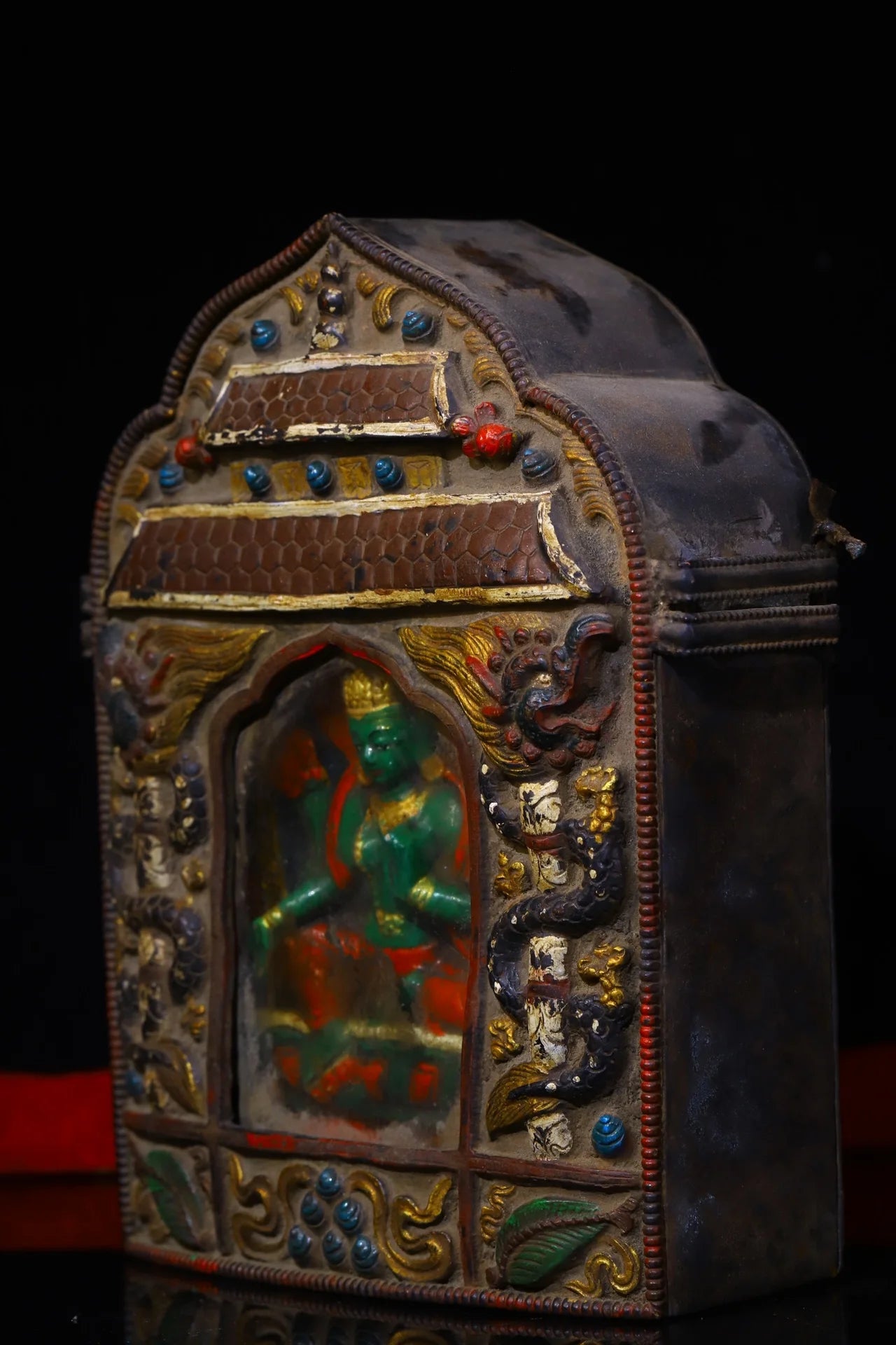 8"Tibetan Temple Collection Old Purple Bronze Cinnabar Painted Green Tara Buddha Gawu Box Buddhist Niche Amulet Worship Hall