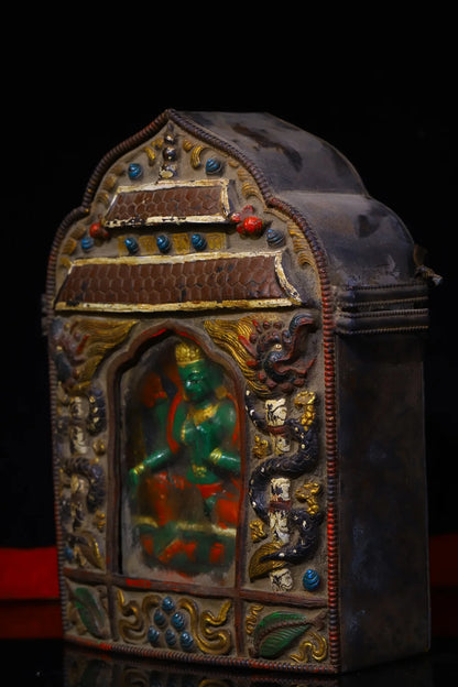 8"Tibetan Temple Collection Old Purple Bronze Cinnabar Painted Green Tara Buddha Gawu Box Buddhist Niche Amulet Worship Hall