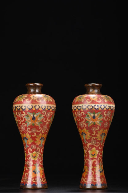 8"Tibetan Temple Collection Old Purple Bronze Cloisonne Lotus pattern Plum bottle Appreciation bottle Vase A pair Worship Hall