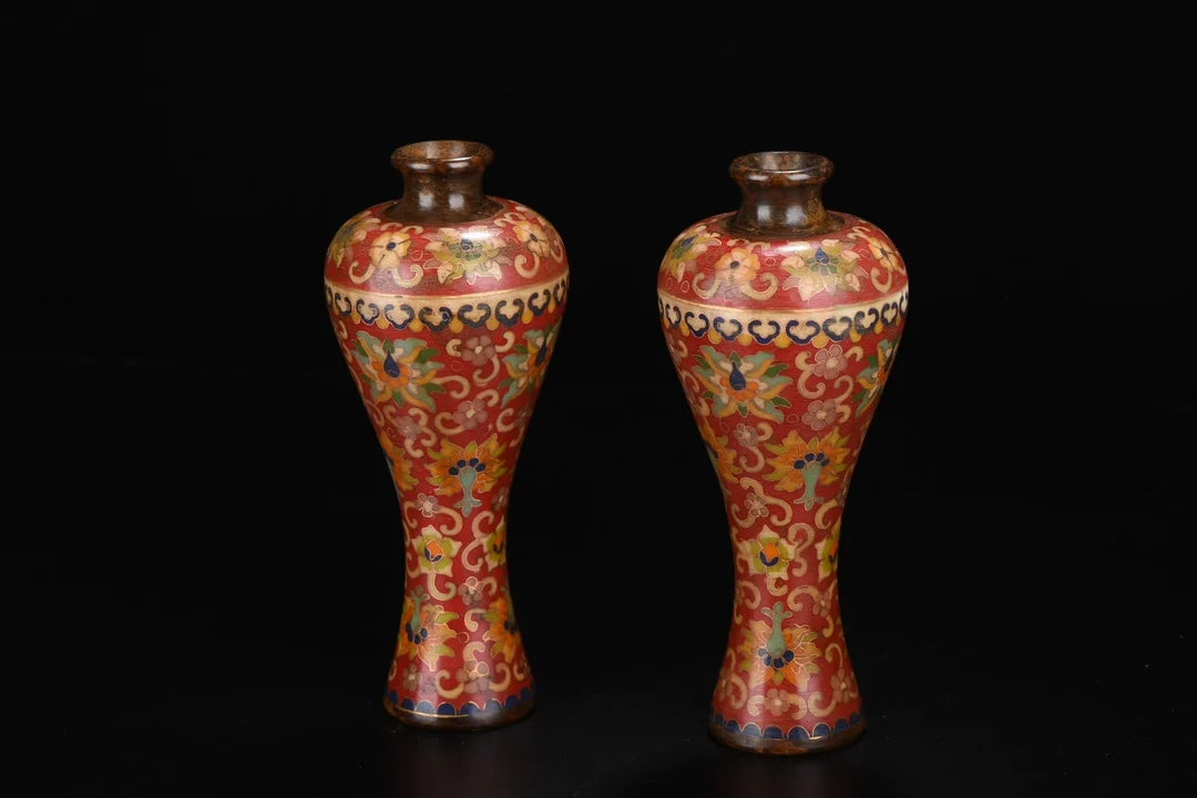 8"Tibetan Temple Collection Old Purple Bronze Cloisonne Lotus pattern Plum bottle Appreciation bottle Vase A pair Worship Hall