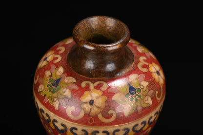 8"Tibetan Temple Collection Old Purple Bronze Cloisonne Lotus pattern Plum bottle Appreciation bottle Vase A pair Worship Hall