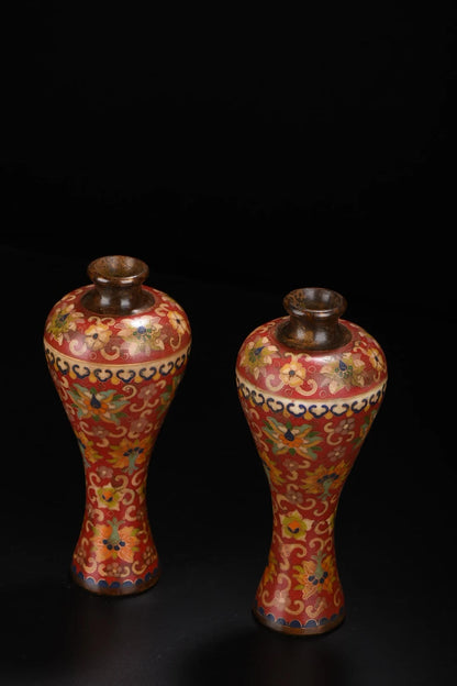 8"Tibetan Temple Collection Old Purple Bronze Cloisonne Lotus pattern Plum bottle Appreciation bottle Vase A pair Worship Hall
