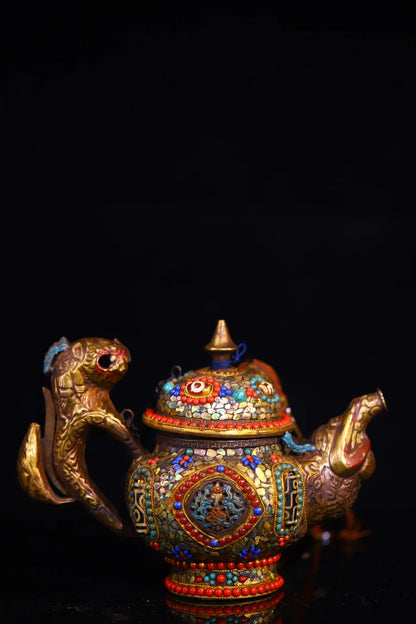 8"Tibetan Temple Collection Old Purple Bronze Painted Mosaic Gem gZi Beads Divine Beast Statue Beast Mouthed Teapot Butter Pot