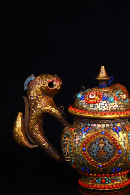 8"Tibetan Temple Collection Old Purple Bronze Painted Mosaic Gem gZi Beads Divine Beast Statue Beast Mouthed Teapot Butter Pot