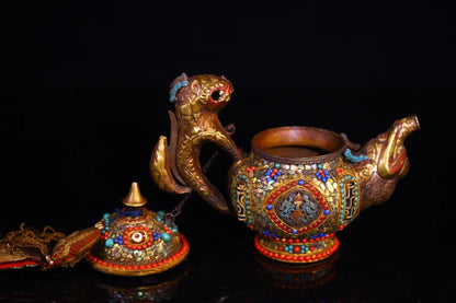 8"Tibetan Temple Collection Old Purple Bronze Painted Mosaic Gem gZi Beads Divine Beast Statue Beast Mouthed Teapot Butter Pot