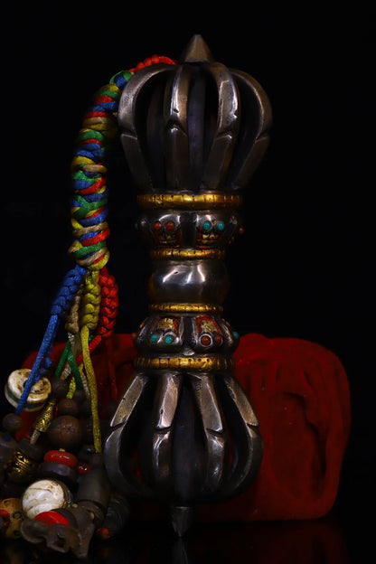 8"Tibetan Temple Collection Old Tiantie Cinnabar Tracing Mosaic Gem Nine Shares Vajra Skull Amulet Dharma Pendant Town House