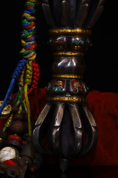 8"Tibetan Temple Collection Old Tiantie Cinnabar Tracing Mosaic Gem Nine Shares Vajra Skull Amulet Dharma Pendant Town House