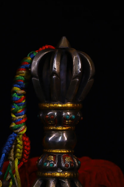 8"Tibetan Temple Collection Old Tiantie Cinnabar Tracing Mosaic Gem Nine Shares Vajra Skull Amulet Dharma Pendant Town House