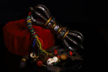 8"Tibetan Temple Collection Old Tiantie Cinnabar Tracing Mosaic Gem Nine Shares Vajra Skull Amulet Dharma Pendant Town House