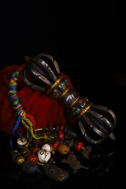 8"Tibetan Temple Collection Old Tiantie Cinnabar Tracing Mosaic Gem Nine Shares Vajra Skull Amulet Dharma Pendant Town House