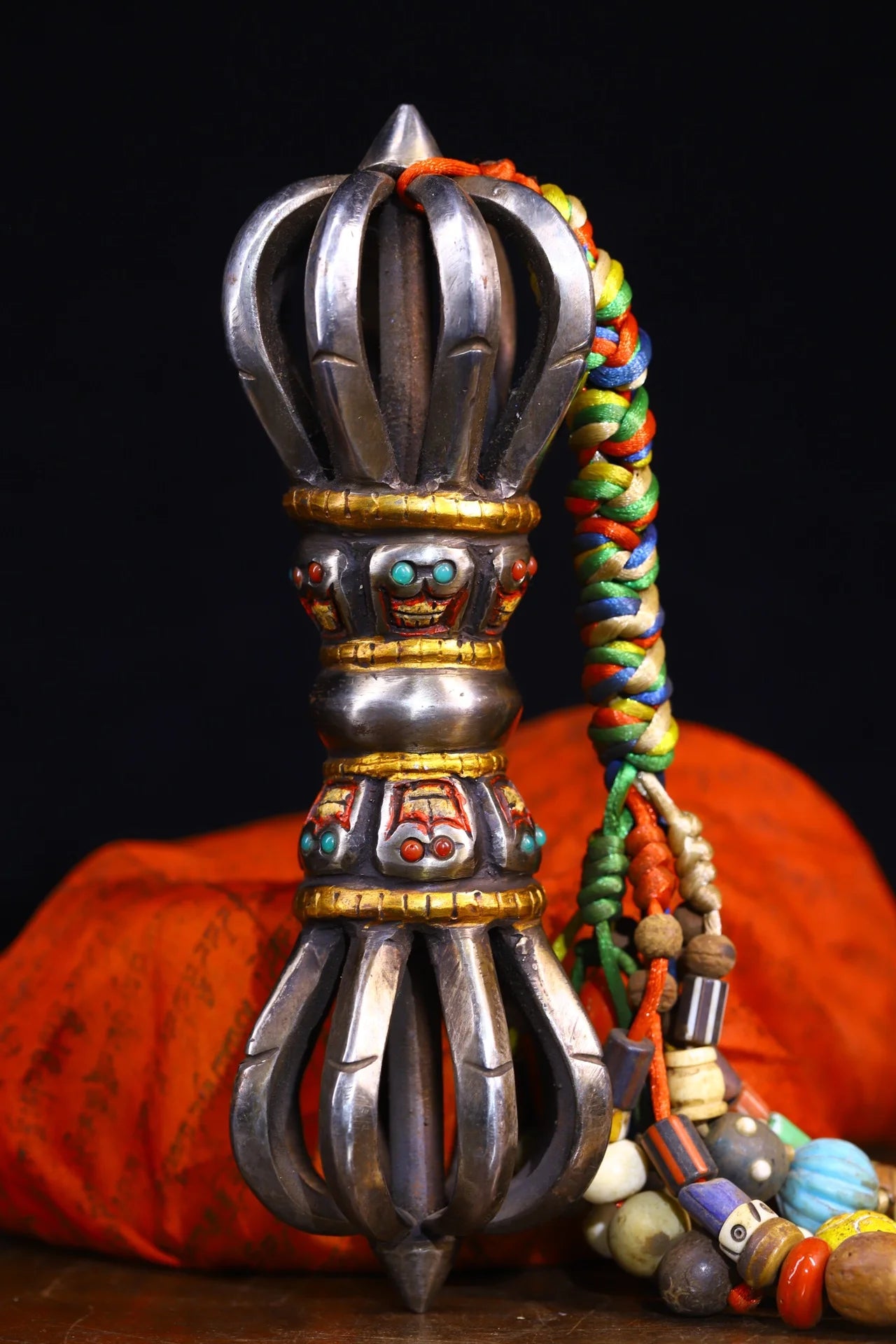8"Tibetan Temple Collection Old Tiantie Painted Mosaic Gem Skull Head Nine shares Dorje Vajra Pendant Town House Exorcism