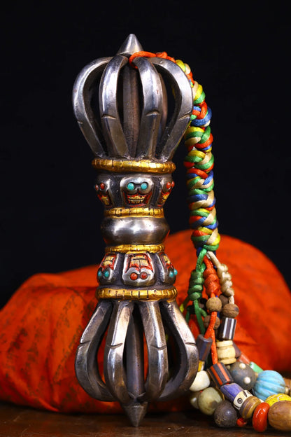 8"Tibetan Temple Collection Old Tiantie Painted Mosaic Gem Skull Head Nine shares Dorje Vajra Pendant Town House Exorcism