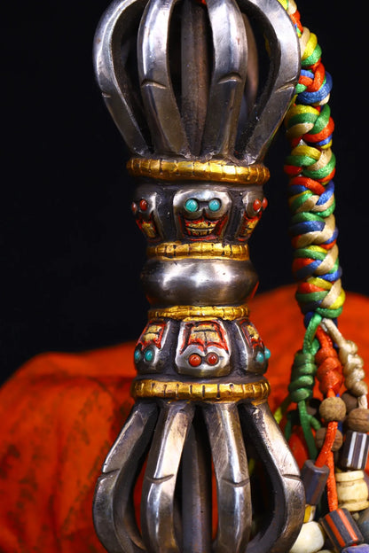 8"Tibetan Temple Collection Old Tiantie Painted Mosaic Gem Skull Head Nine shares Dorje Vajra Pendant Town House Exorcism