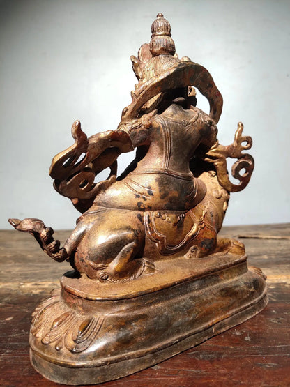 8"Tibetan Temple CollectionOld Bronze Cinnabar Gilt Treasure star God of wealth sit Mythical Animals  Worship Hall Town house