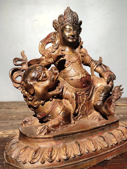 8"Tibetan Temple CollectionOld Bronze Cinnabar Gilt Treasure star God of wealth sit Mythical Animals  Worship Hall Town house
