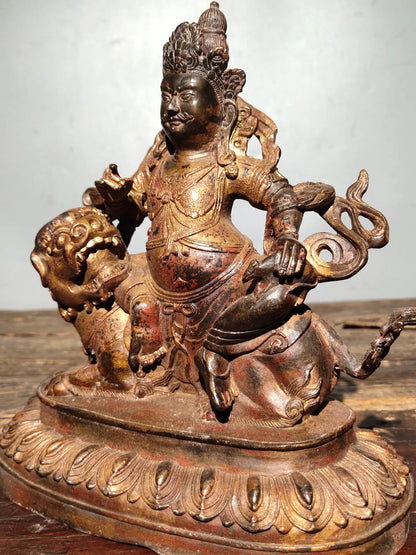 8"Tibetan Temple CollectionOld Bronze Cinnabar Gilt Treasure star God of wealth sit Mythical Animals  Worship Hall Town house