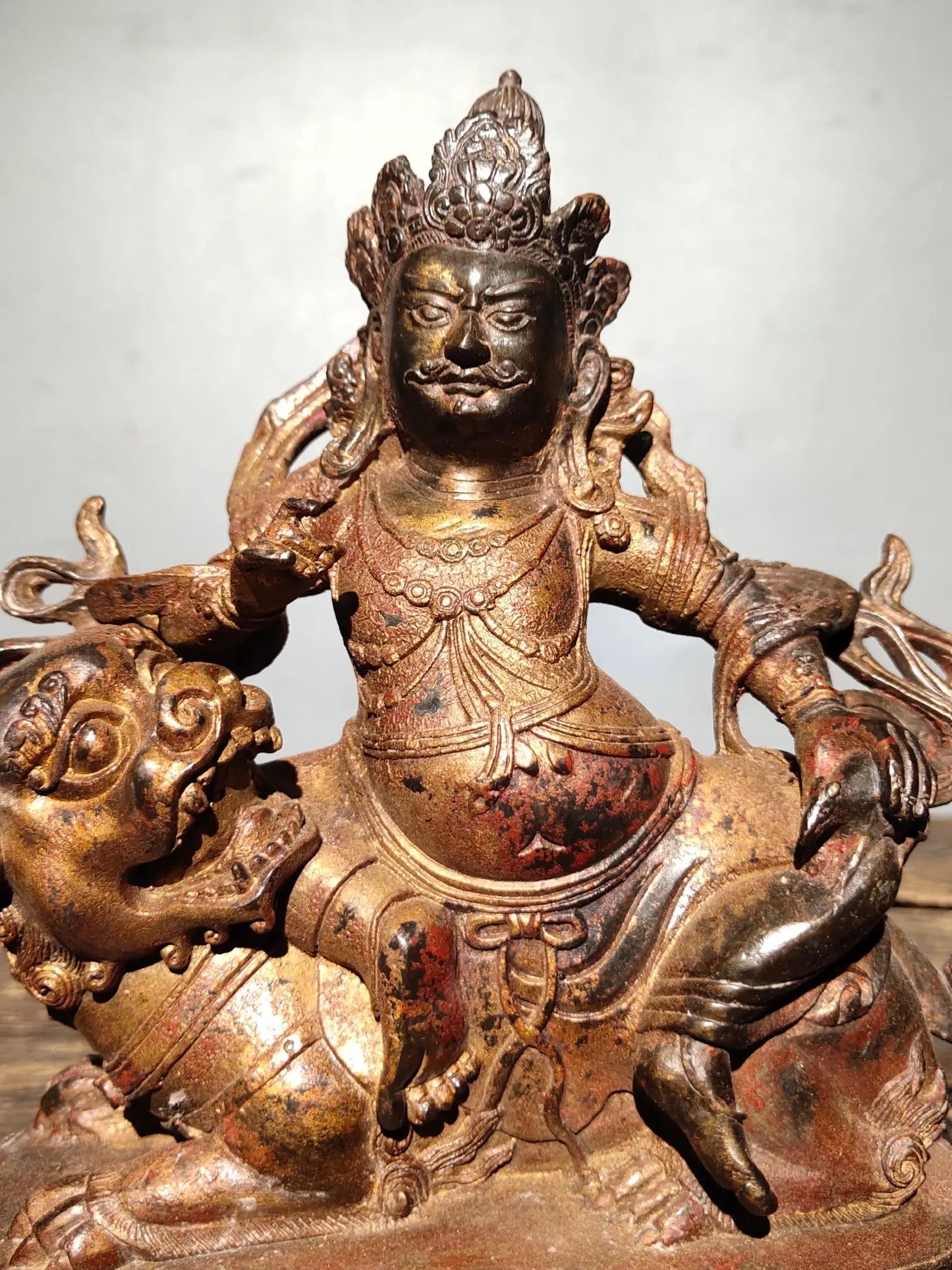8"Tibetan Temple CollectionOld Bronze Cinnabar Gilt Treasure star God of wealth sit Mythical Animals  Worship Hall Town house