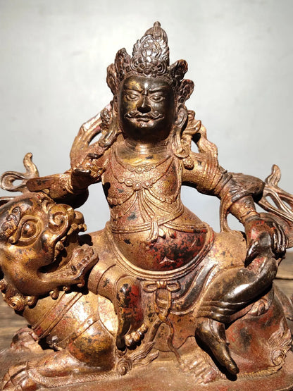 8"Tibetan Temple CollectionOld Bronze Cinnabar Gilt Treasure star God of wealth sit Mythical Animals  Worship Hall Town house