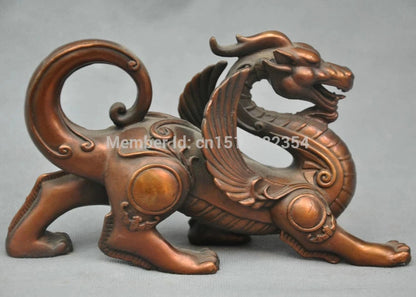 8" China Folk Dragon Unicorn with Wings Bronze Statue