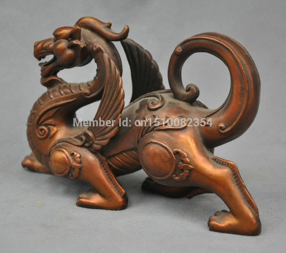 8" China Folk Dragon Unicorn with Wings Bronze Statue