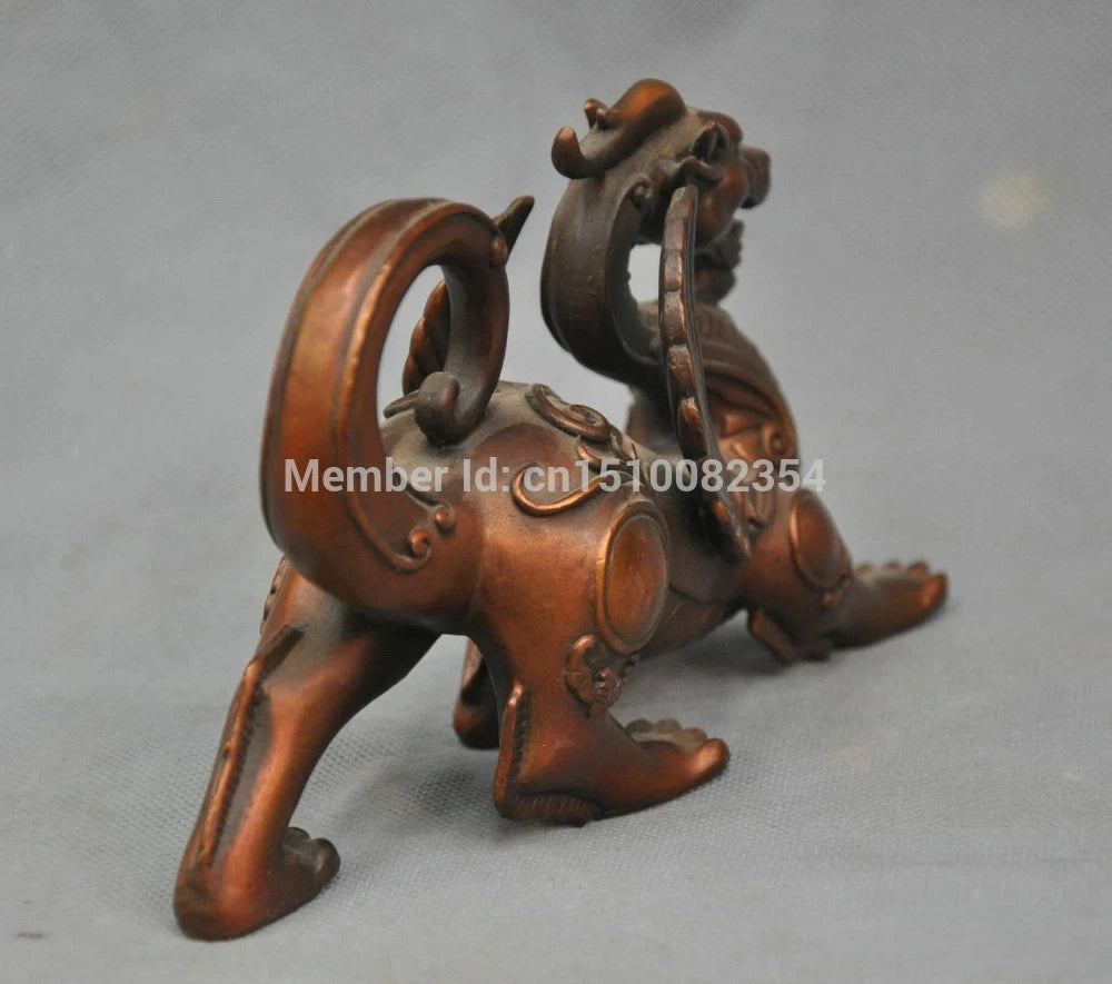 8" China Folk Dragon Unicorn with Wings Bronze Statue