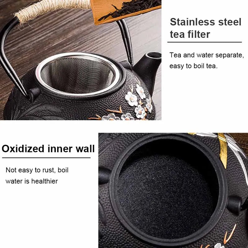 800ML Japanese Cast Iron Teapot With Stainless Steel Infuser Strainer Plum Blossom Cast Iron Tea Kettle For Boiling Water
