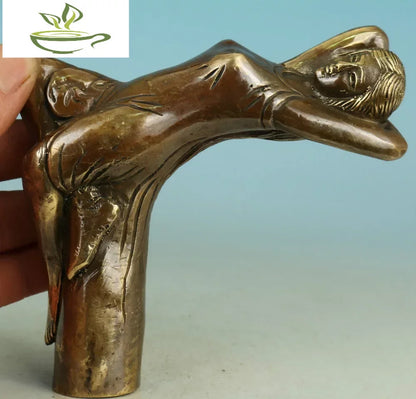 Chinese Old Bronze Handmade Carved belle Collect Walking Stick Head Statue
