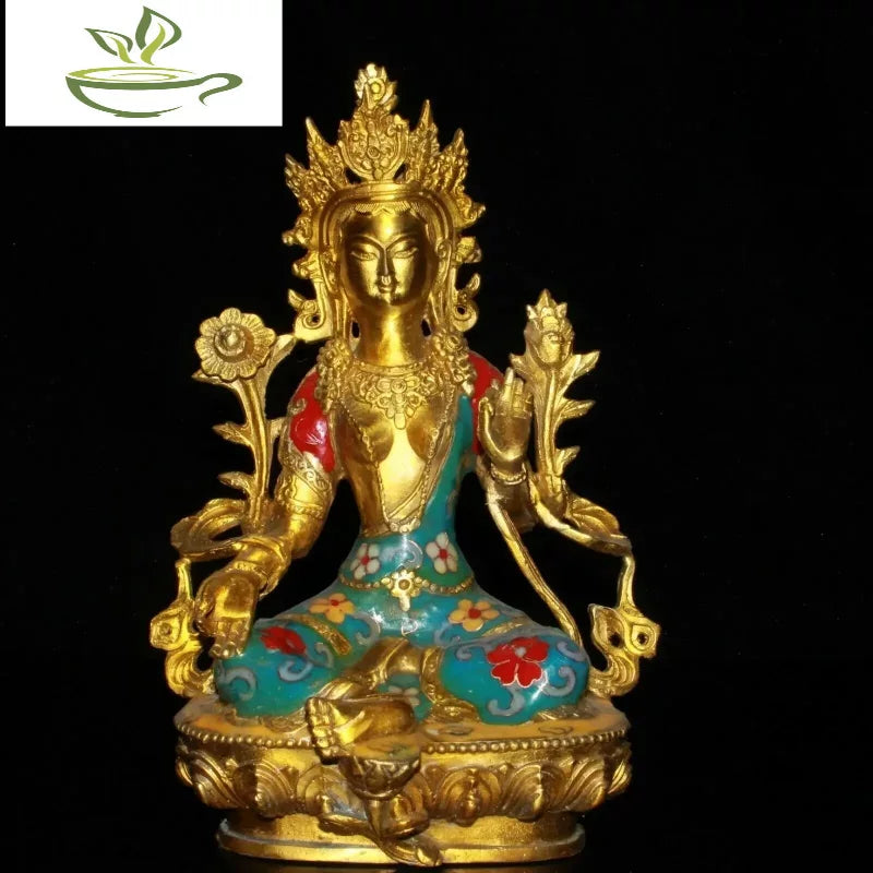 21CM Chinese Cloisonne Copper Kwan-yin Guanyin Statue Old Brass Statue Offering Table Decoration