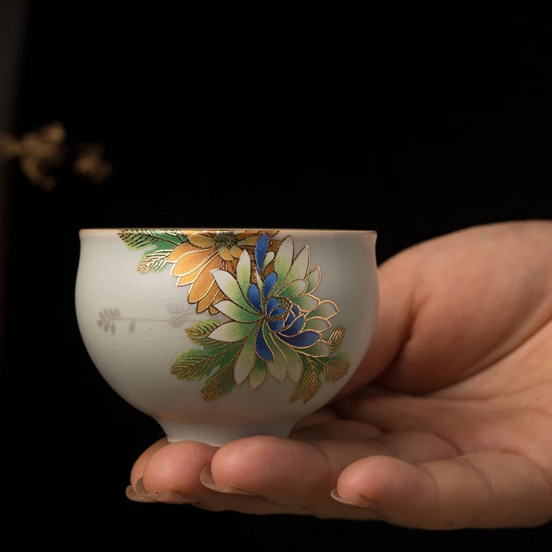 80ml Chinese Jingdezhen porcelain boutique tea cup ruyao crackle glaze cup of tea kungfu tea cups flower design ceramic cups tea
